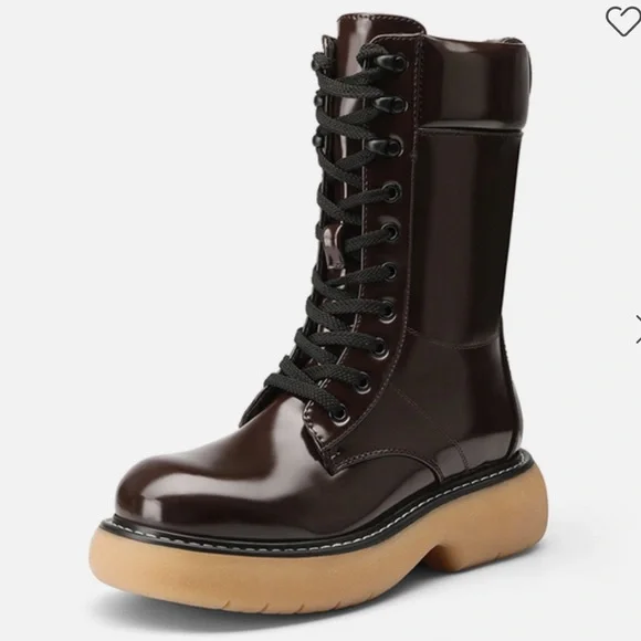 Dream Pairs Glossy Dark Brown Lace-Up Combat Boots - Picture 1 of 17